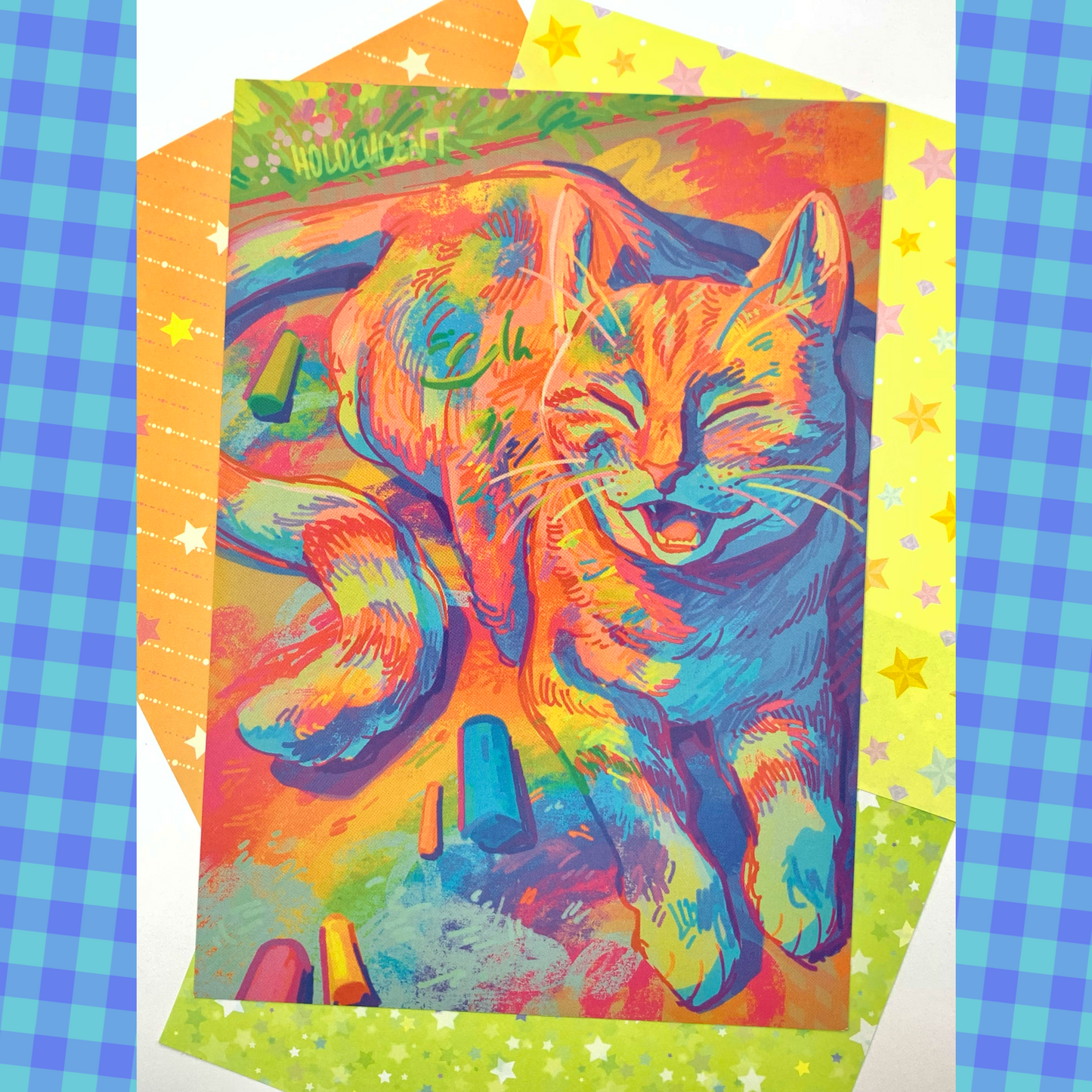 Rainbow Chalk Cat Print by Hololucent