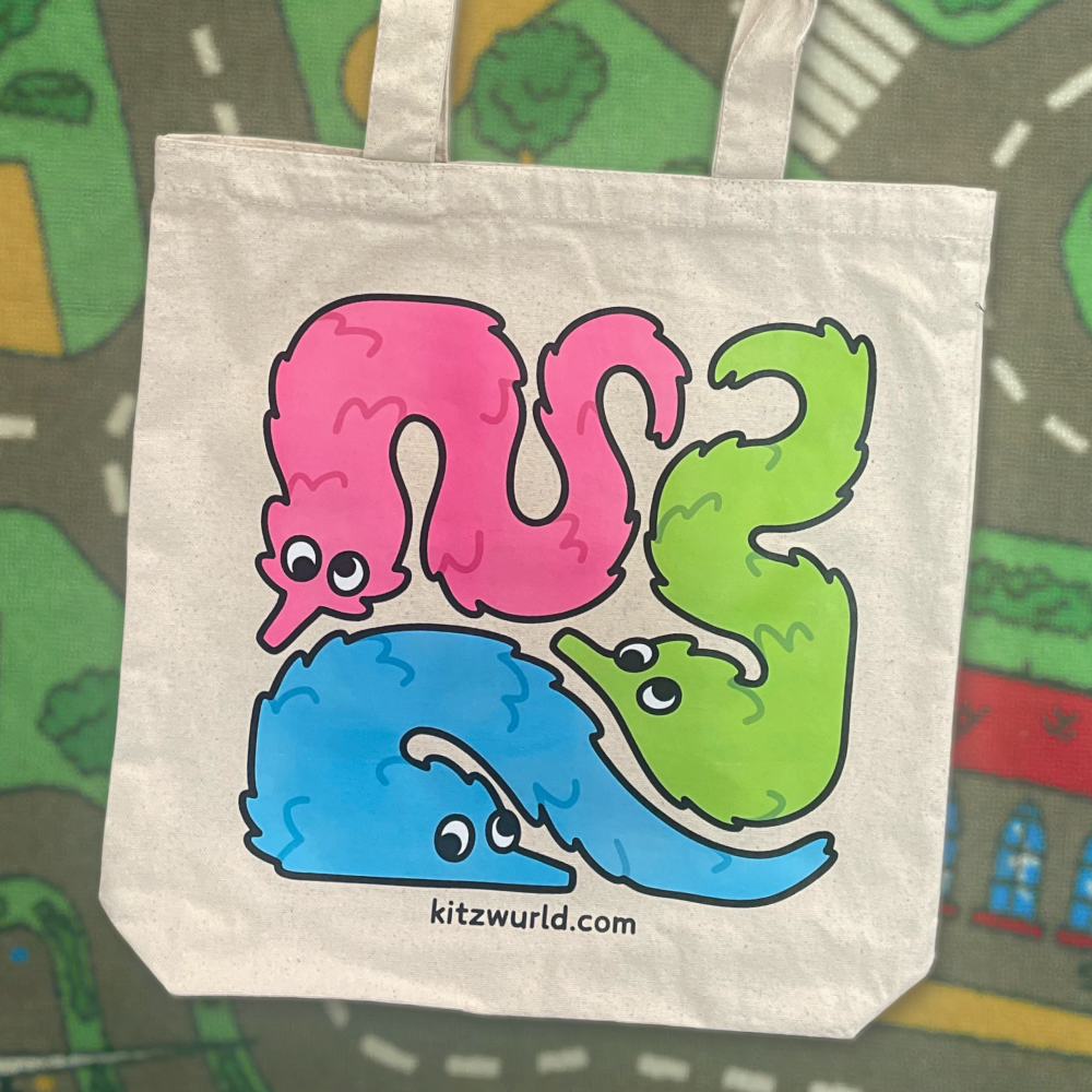 Worm-on-a-String Tote Bags by Kitz Wurld