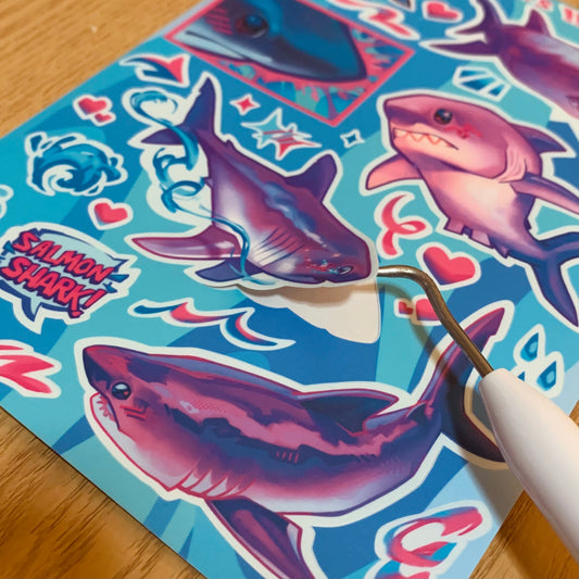 Salmon Shark Sticker Sheet by Hololucent