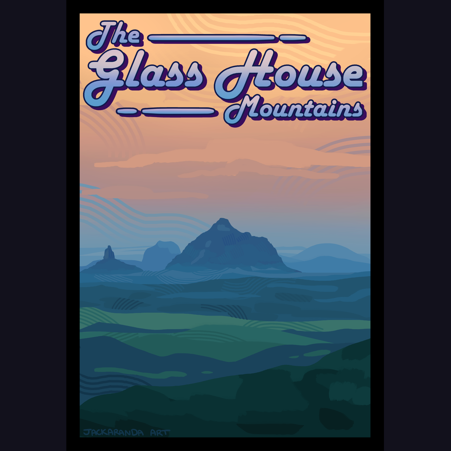 Glass House Mountains A5 Travel Poster by Jackaranda-Art