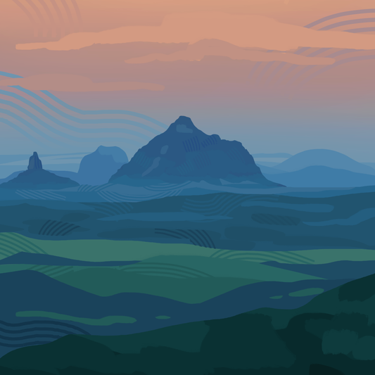 Glass House Mountains A5 Travel Poster by Jackaranda-Art